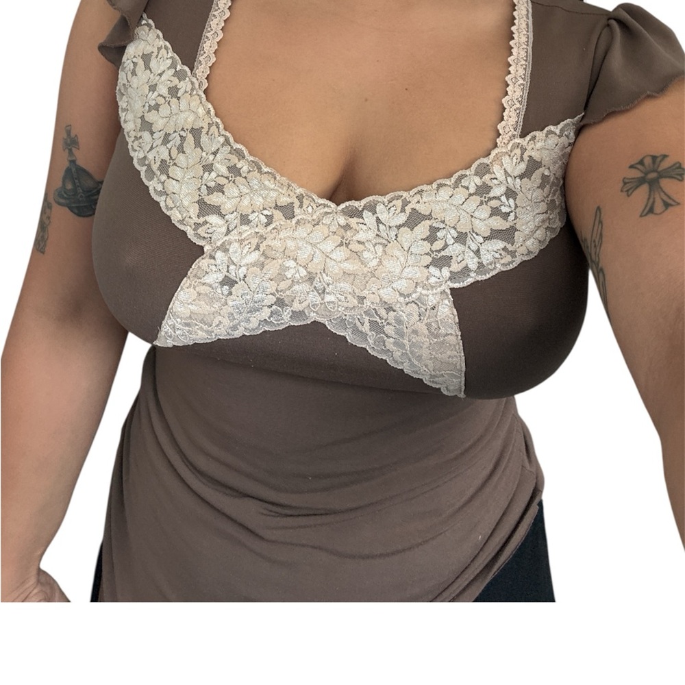 Brown Lace Trim Women's Top - Picture 3 of 3